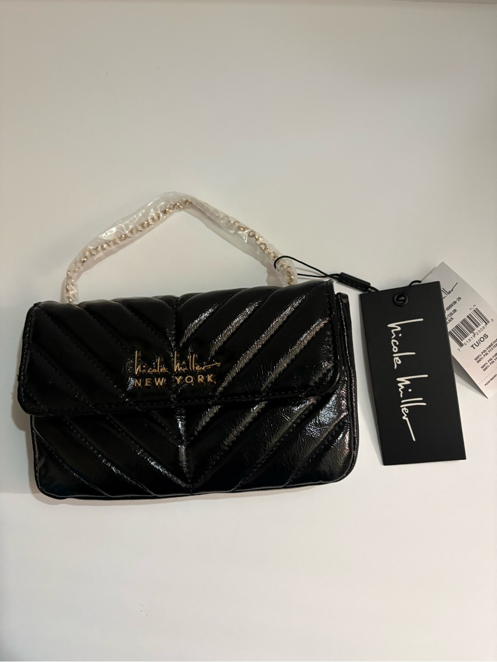 Nicole Miller Black Quilted Patent Crossbody Bag with Gold Logo